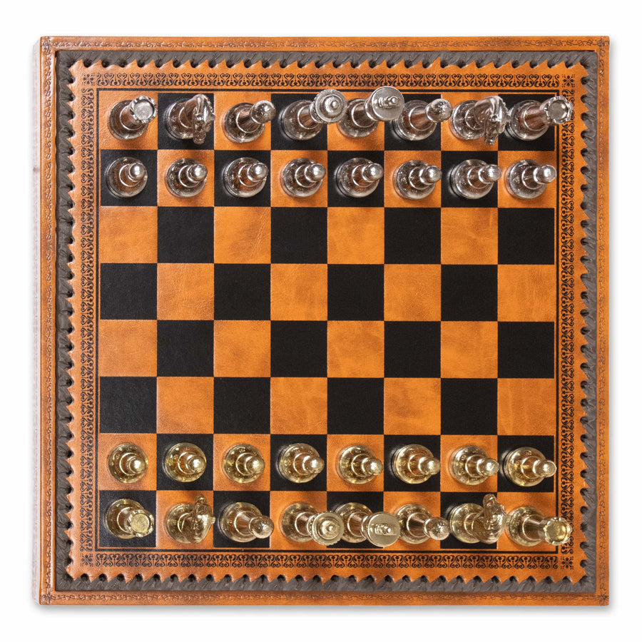 Juego de Ajedrez Staunton en Metal con Tablero Multifunción en Polipiel de Italfama
