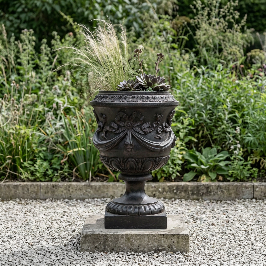 Maceta copa de piedra con relieve de cintas