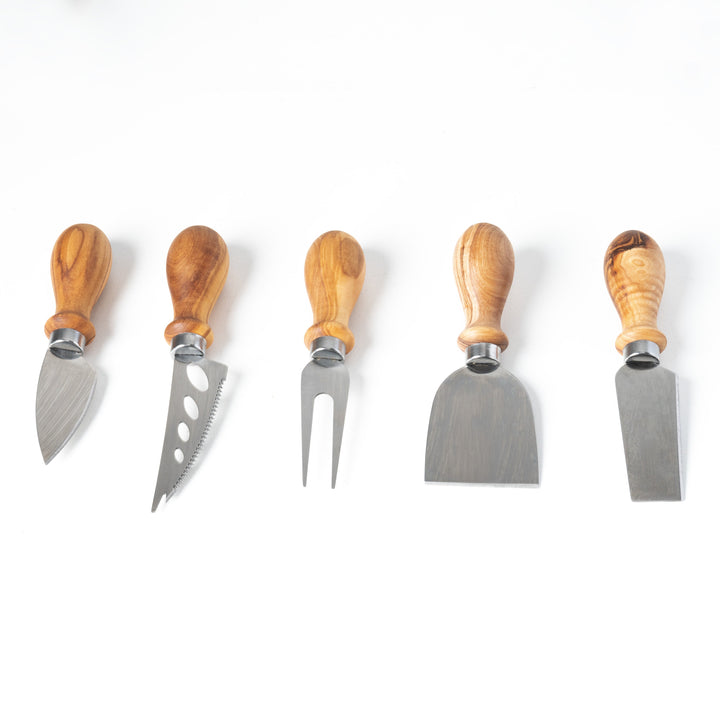 Juego de cuchillos para queso de madera de olivo y metal hecho a mano (5 piezas)