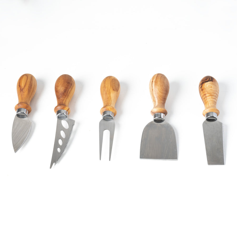 Juego de cuchillos para queso de madera de olivo y metal hecho a mano (5 piezas)