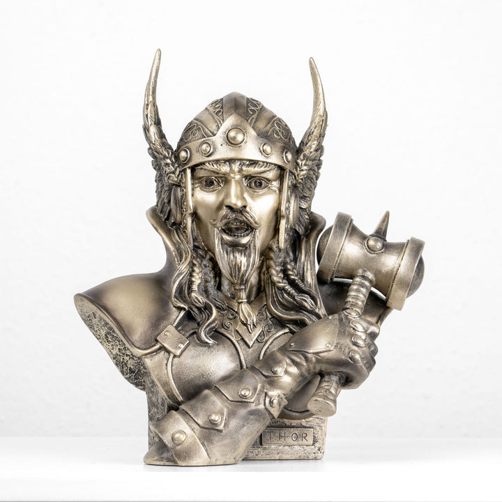 Busto de Thor — Dios nórdico del trueno con Mjölnir (Estatua de bronce fundido en frío)