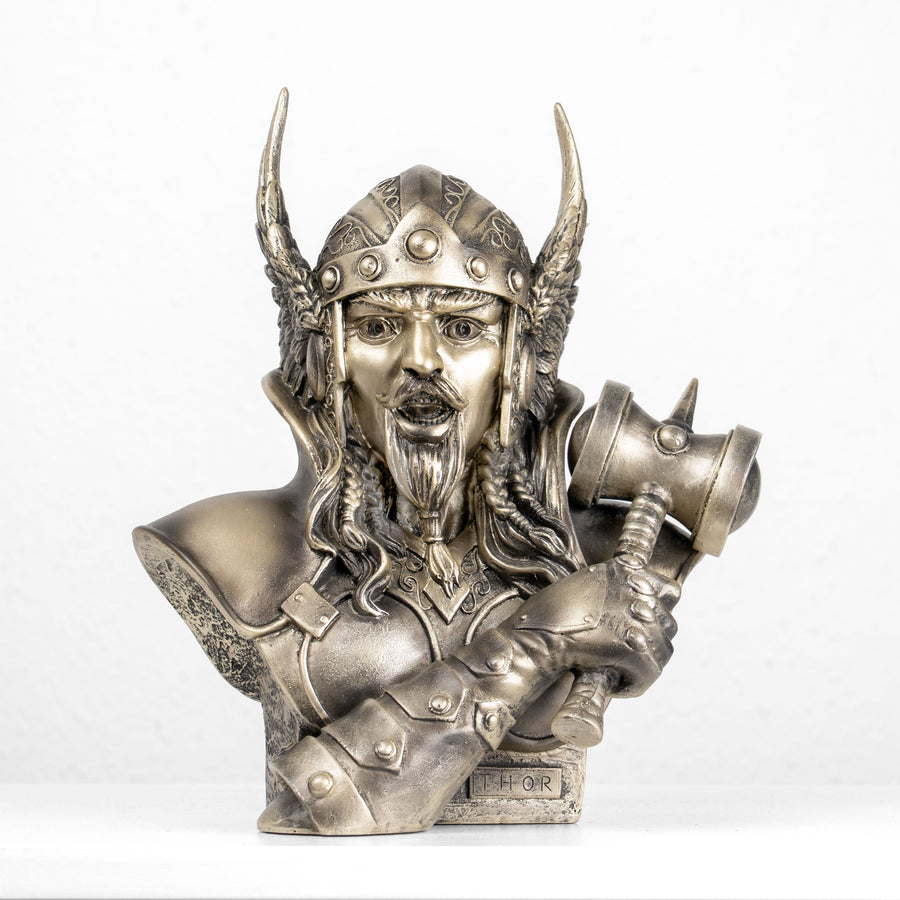 Busto de Thor — Dios nórdico del trueno con Mjölnir (Estatua de bronce fundido en frío)