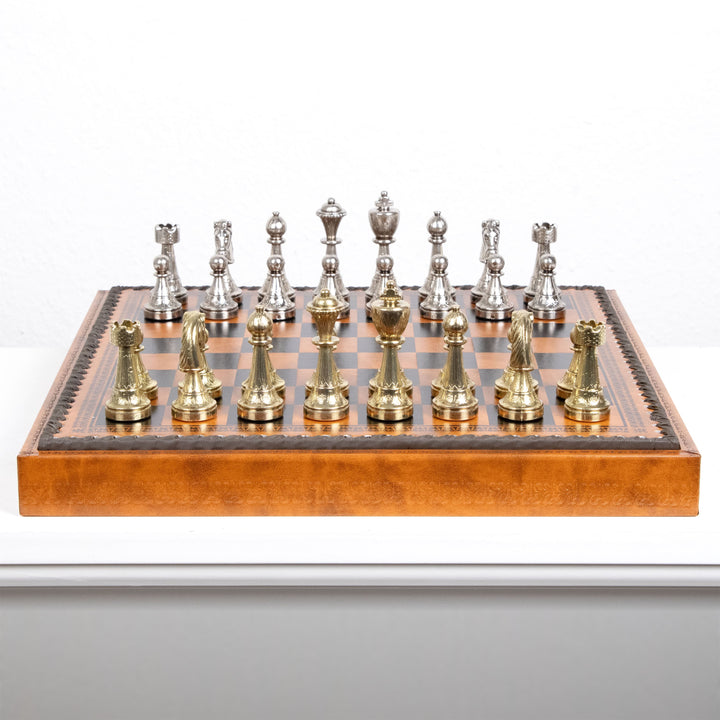 Juego de Ajedrez Staunton en Metal con Tablero Multifunción en Polipiel de Italfama