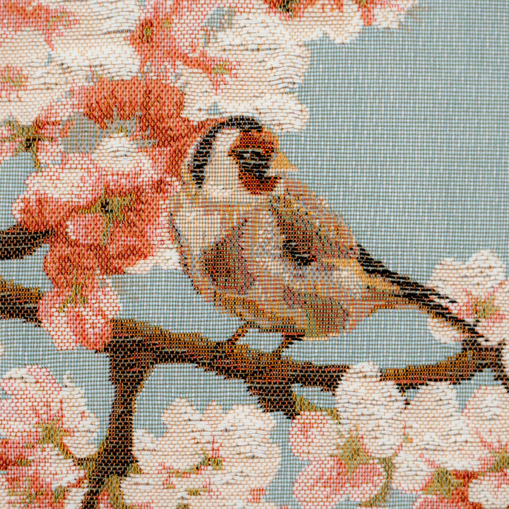 Cojín azul – pájaros y flores de cerezo (tejido jacquard)