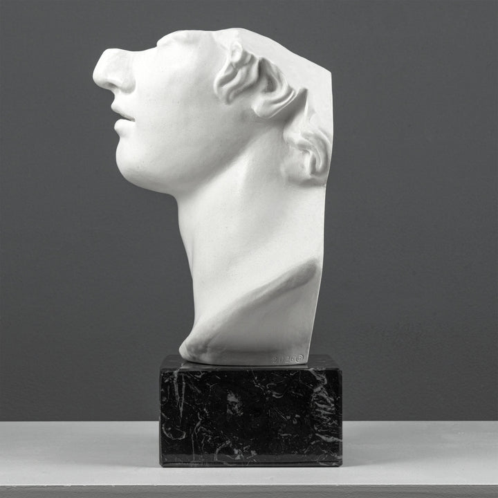 Escultura Fragmento del Busto de Apolo sobre Base de Mármol Negro (Cabeza Colosal de un Joven)