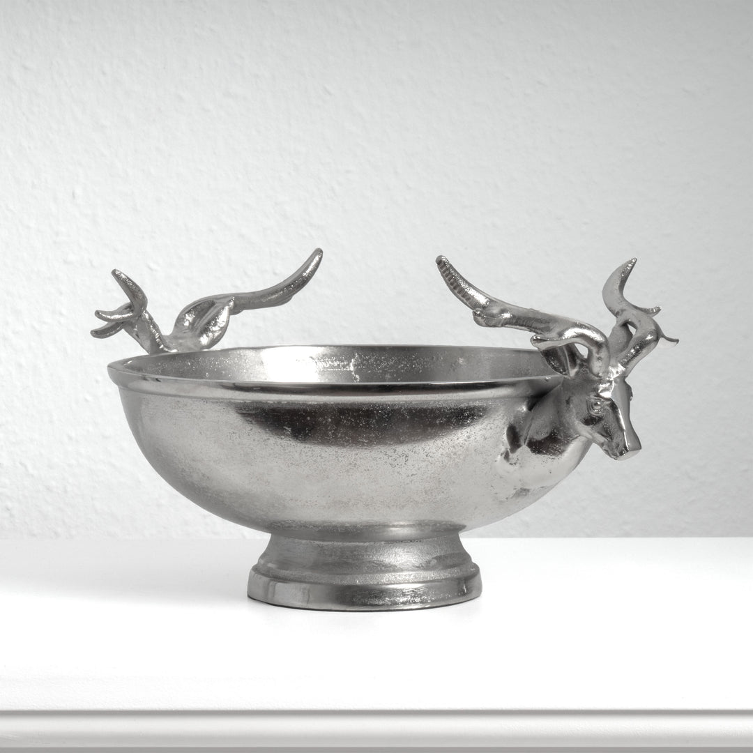 Centro de Mesa Plateado con Asas de Cabezas de Ciervo