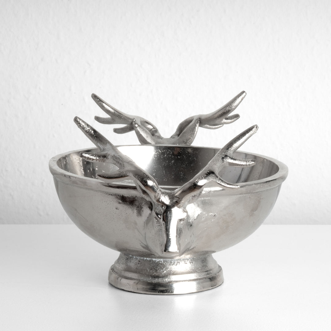 Cuenco Decorativo Plateado con Asas de Cabezas de Ciervo (Pequeño)