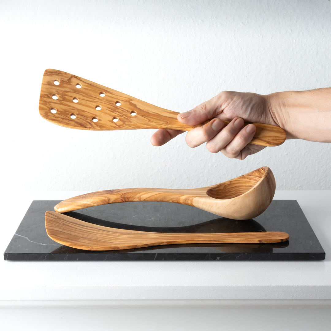 Juego de utensilios de cocina de madera de olivo hecho a mano (3 piezas)