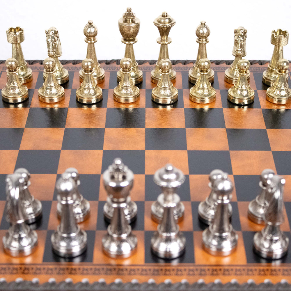 Juego de Ajedrez Staunton en Metal con Tablero Multifunción en Polipiel de Italfama