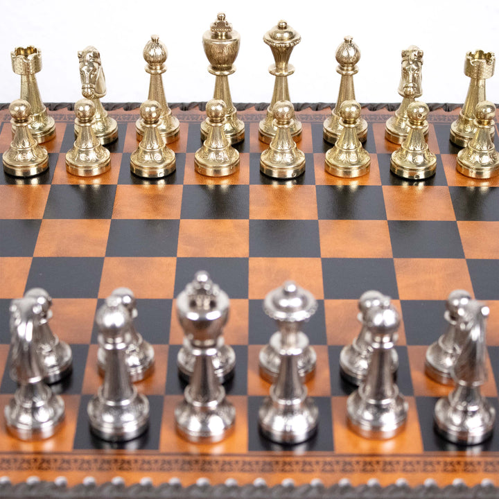 Juego de Ajedrez Staunton en Metal con Tablero Multifunción en Polipiel de Italfama