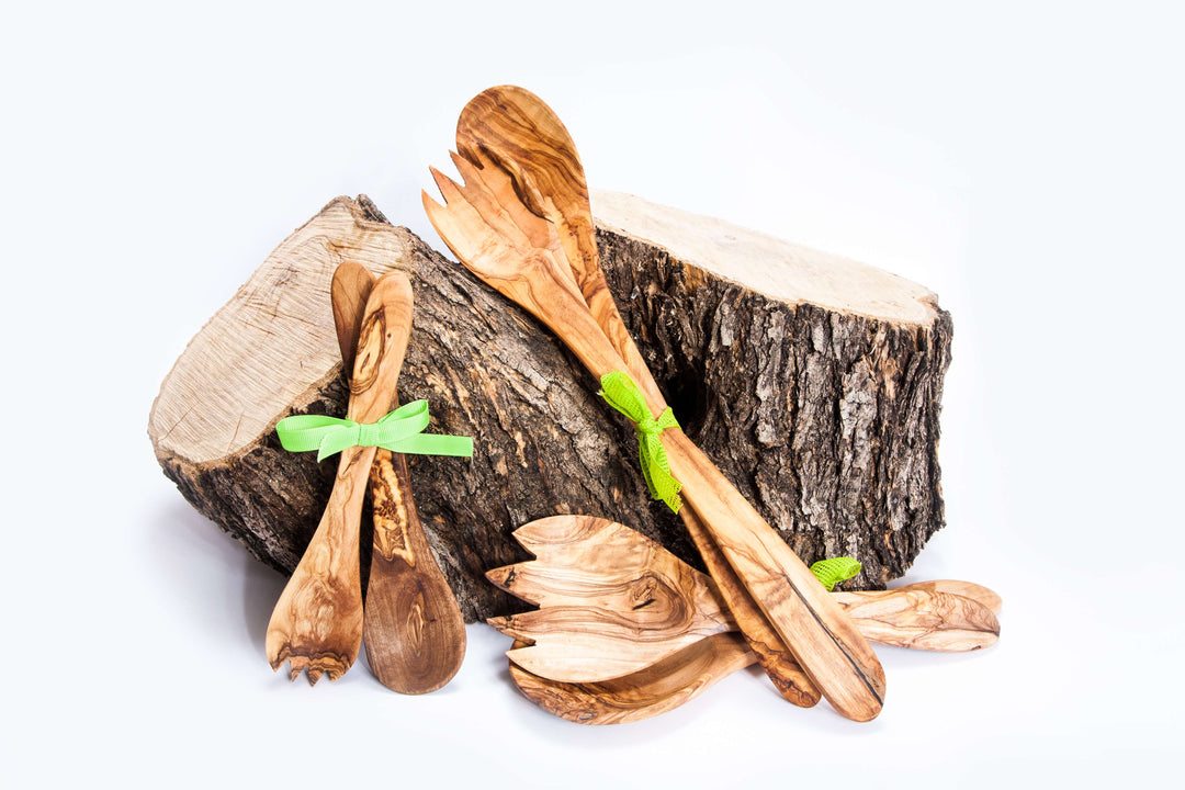 Juego de ensalada de madera de olivo hecho a mano