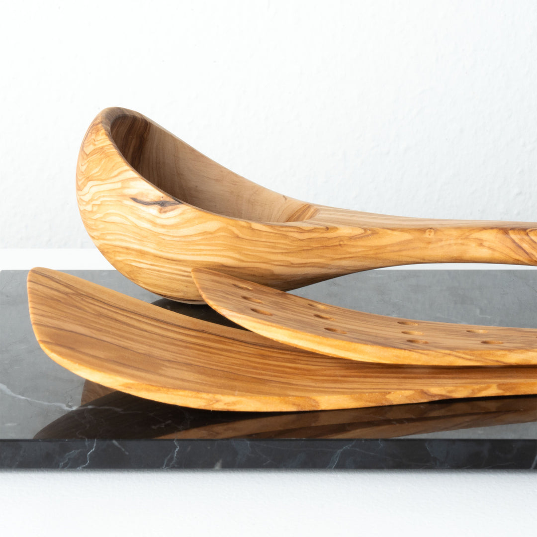 Juego de utensilios de cocina de madera de olivo hecho a mano (3 piezas)