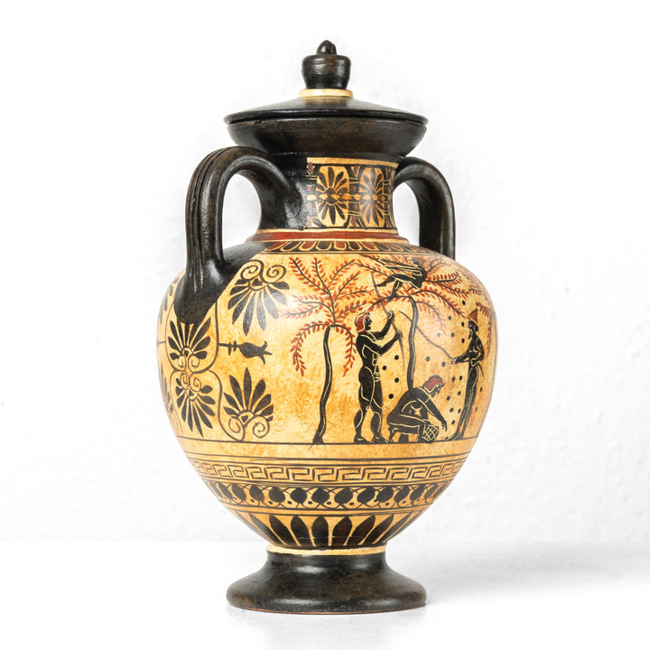Vaso Griego de Figuras Negras con Escena de Cosecha de Aceitunas