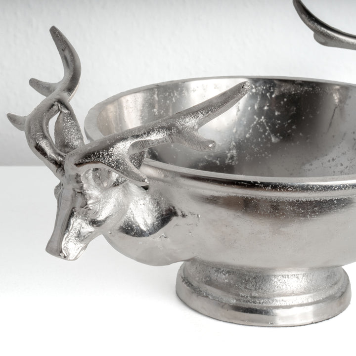 Cuenco Decorativo Plateado con Asas de Cabezas de Ciervo (Pequeño)