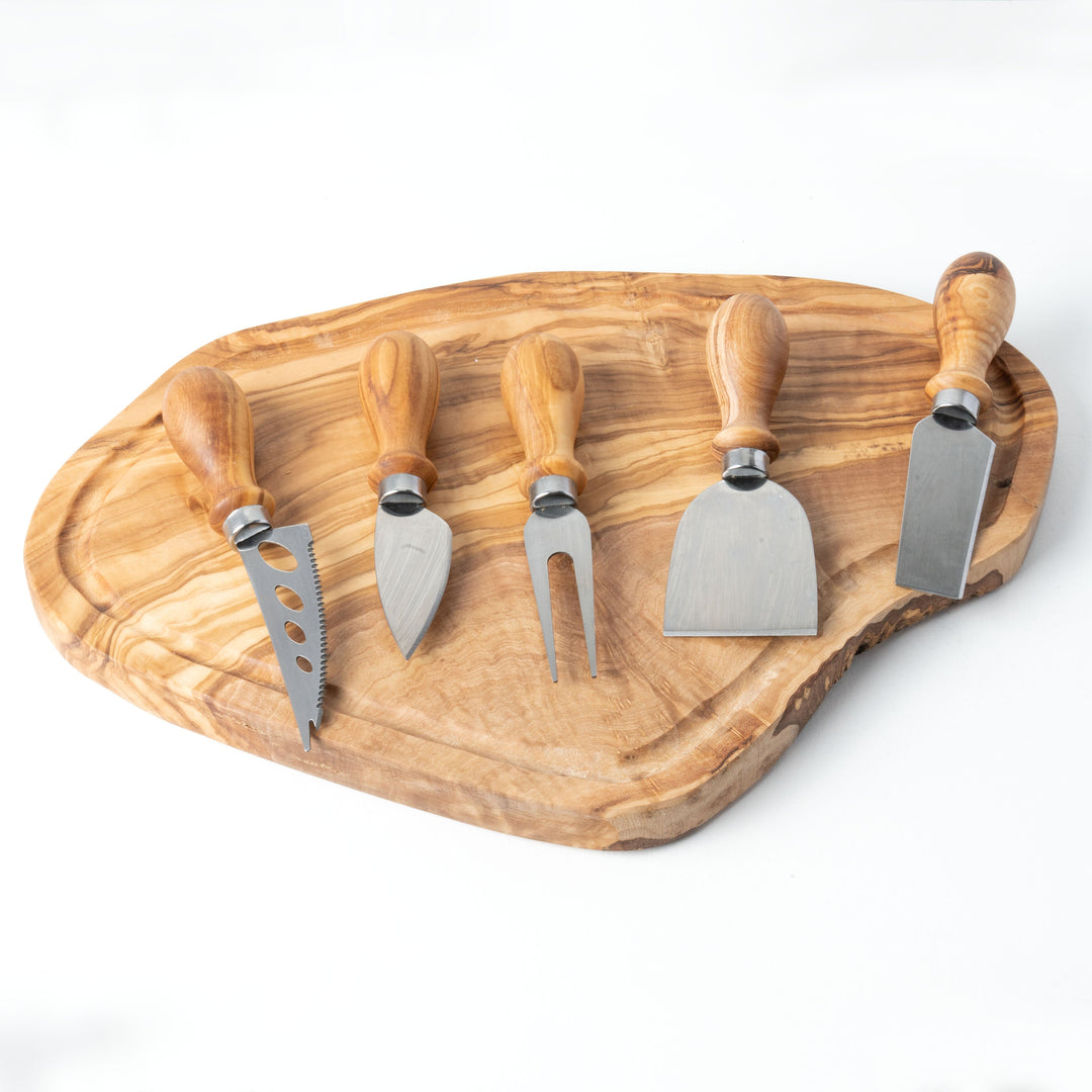 Juego de cuchillos para queso de madera de olivo y metal hecho a mano (5 piezas)