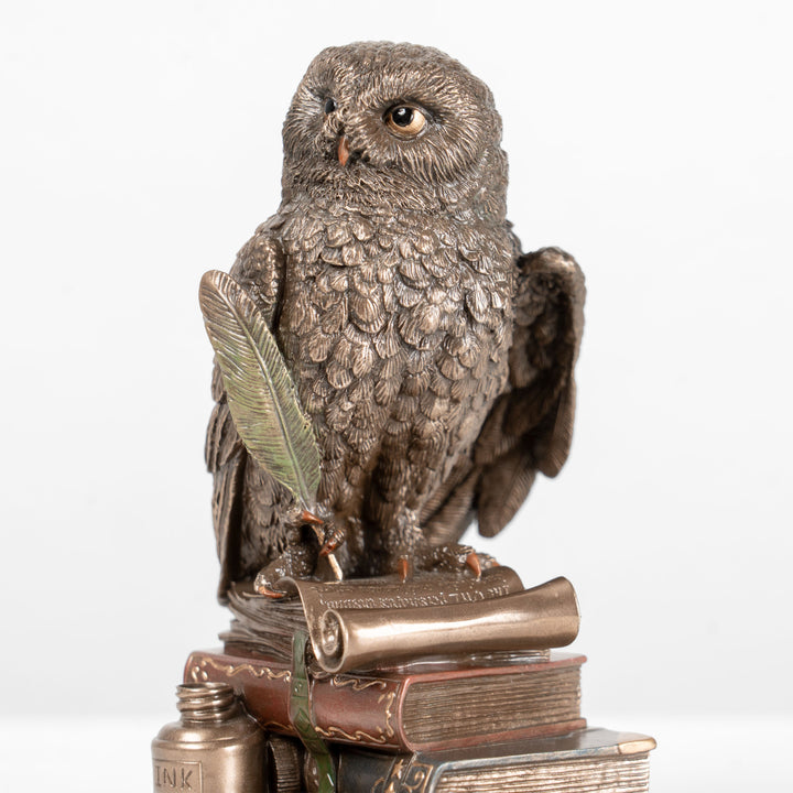 Estatua de búho erudito sobre libros (Escultura de bronce fundido en frío)