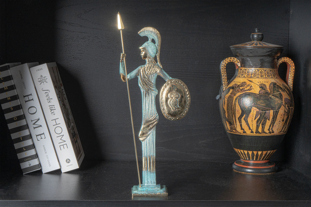 Estatua de Atenea con lanza y escudo (Escultura de latón)