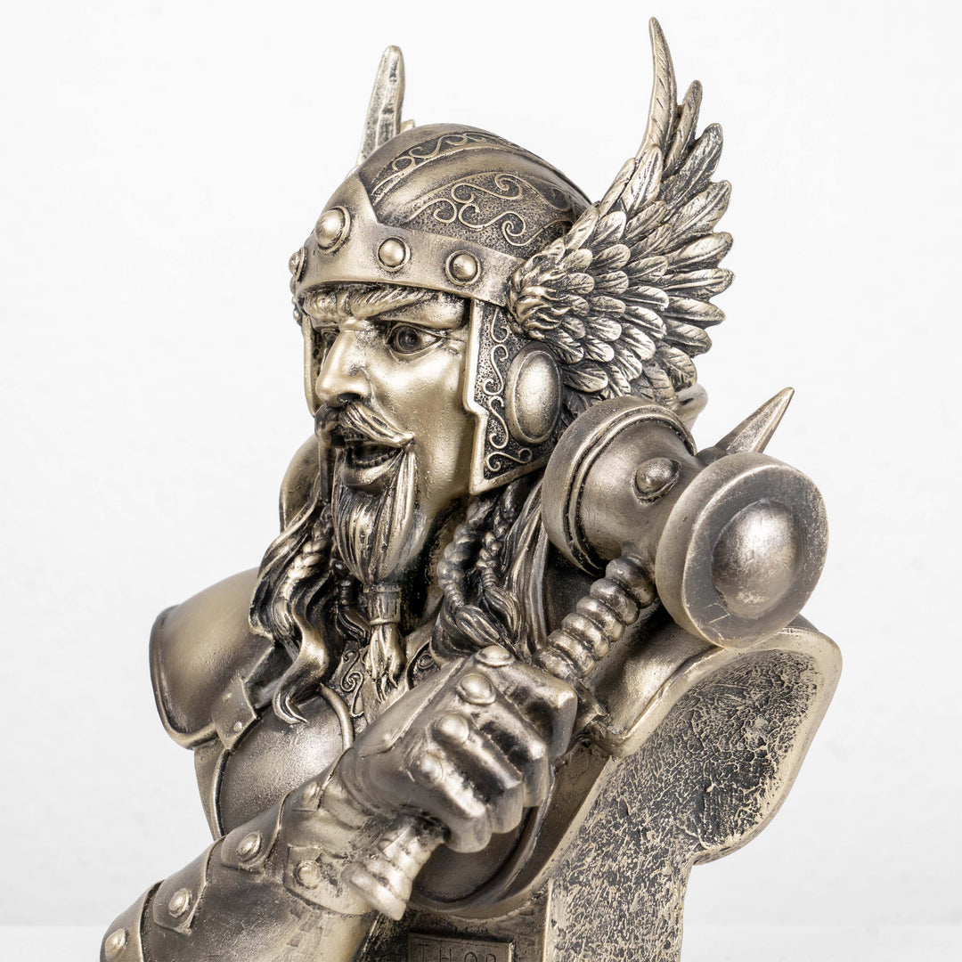 Busto de Thor — Dios nórdico del trueno con Mjölnir (Estatua de bronce fundido en frío)