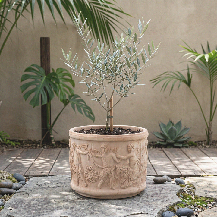 Macetero de terracota con relieve de putti italianos (Cilíndrico)