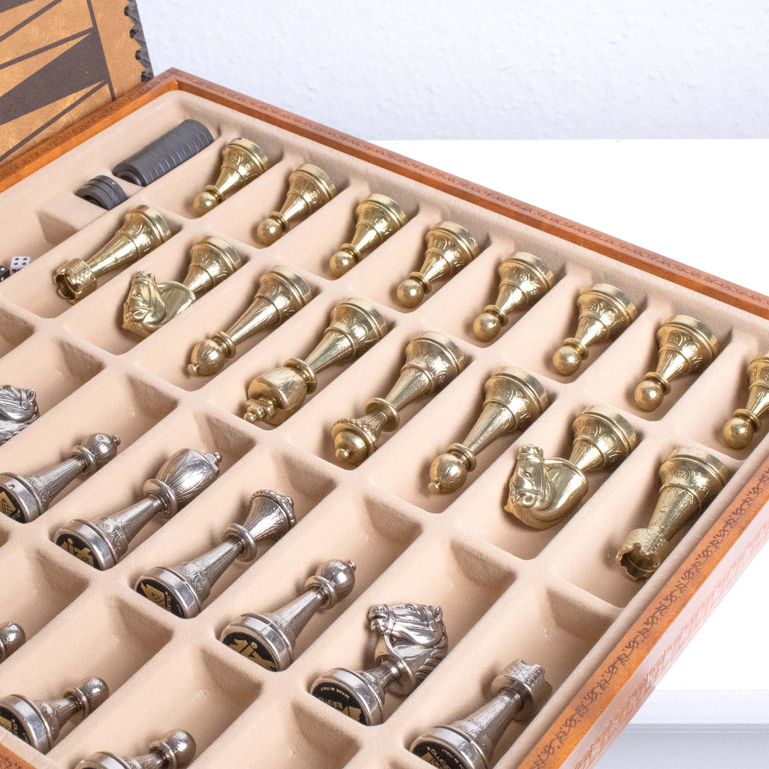 Juego de Ajedrez Staunton en Metal con Tablero Multifunción en Polipiel de Italfama