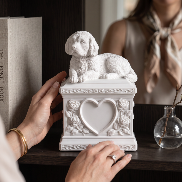 Urna funeraria para perros con corazón y rosas (escultura de resina blanca)
