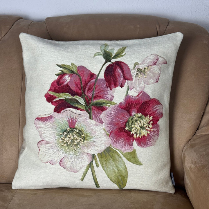 Cojín blanco – rosa de Navidad roja (tejido jacquard)
