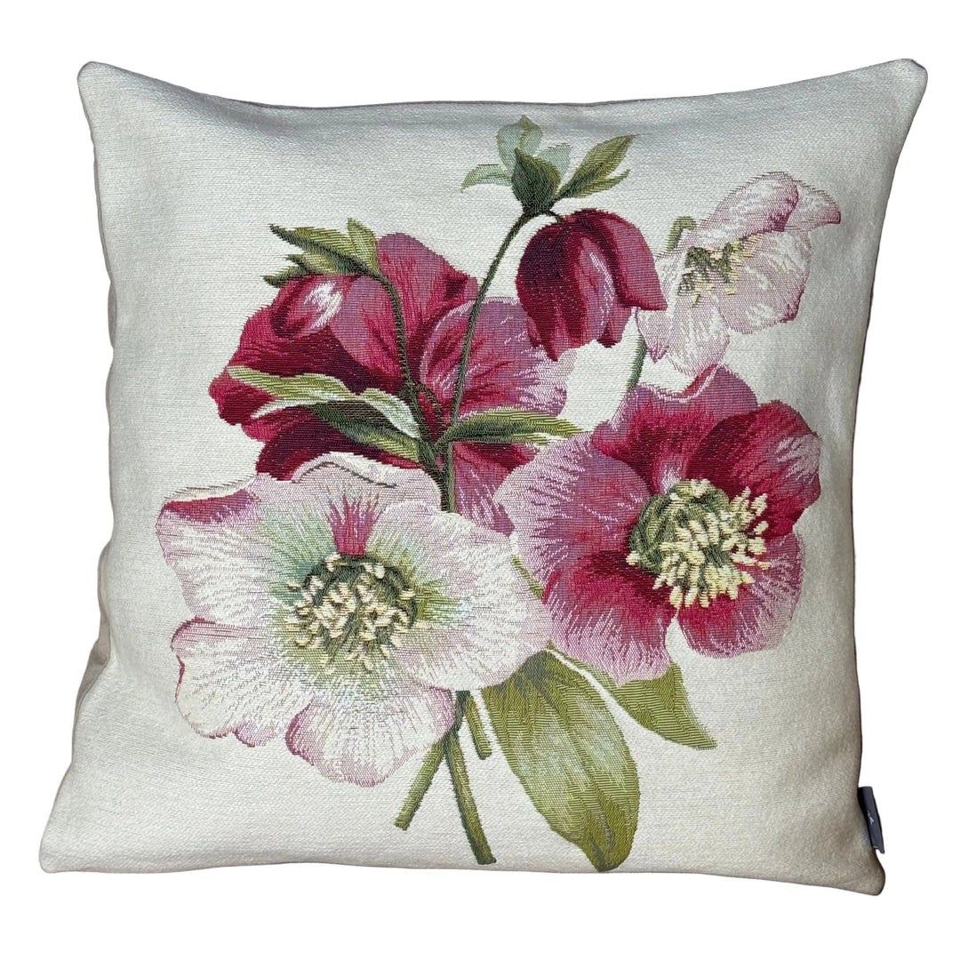 Cojín blanco – rosa de Navidad roja (tejido jacquard)