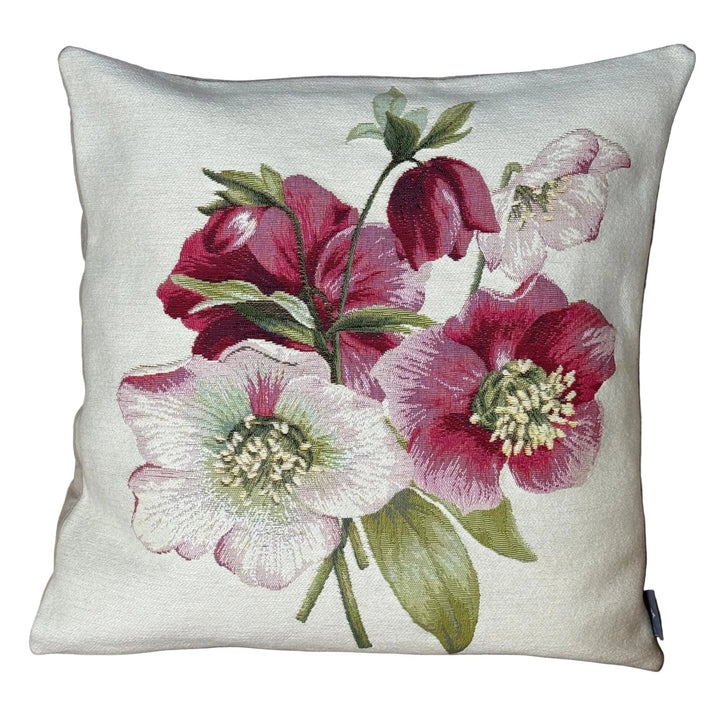 Cojín blanco – rosa de Navidad roja (tejido jacquard)