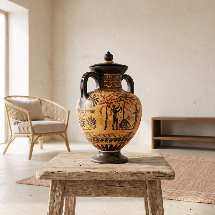 Vaso Griego de Figuras Negras con Escena de Cosecha de Aceitunas