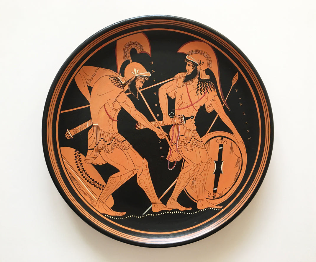 Plato Griego de Figuras Rojas con Aquiles y Patroclo - The Ancient Home