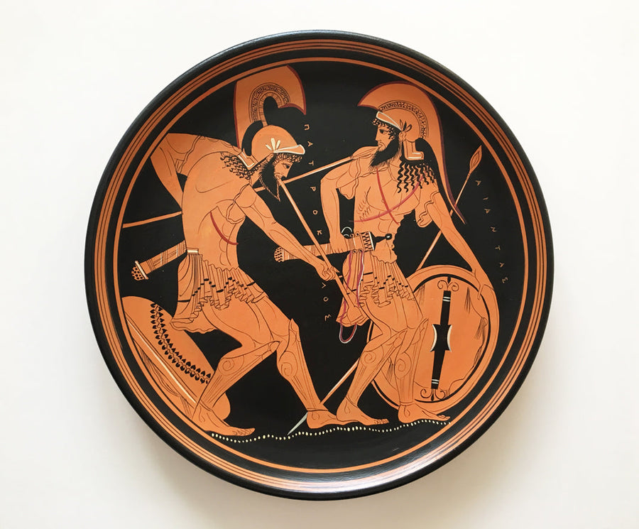 Plato Griego de Figuras Rojas con Aquiles y Patroclo - The Ancient Home