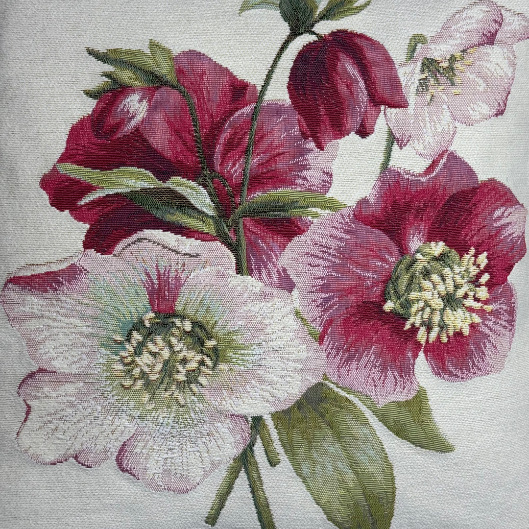 Cojín blanco – rosa de Navidad roja (tejido jacquard)