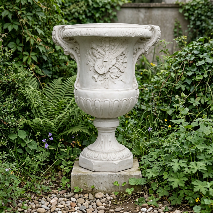 Copa grande de jardín con relieve de instrumentos musicales