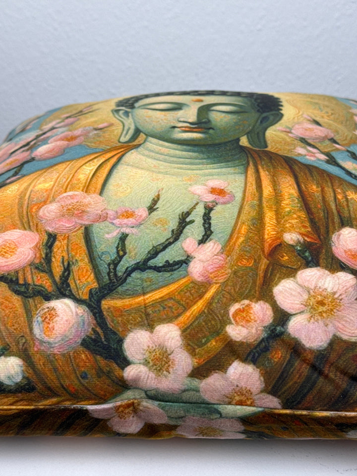 Funda de Cojín Buda con Flores de Cerezo (Almohada de Meditación Zen)