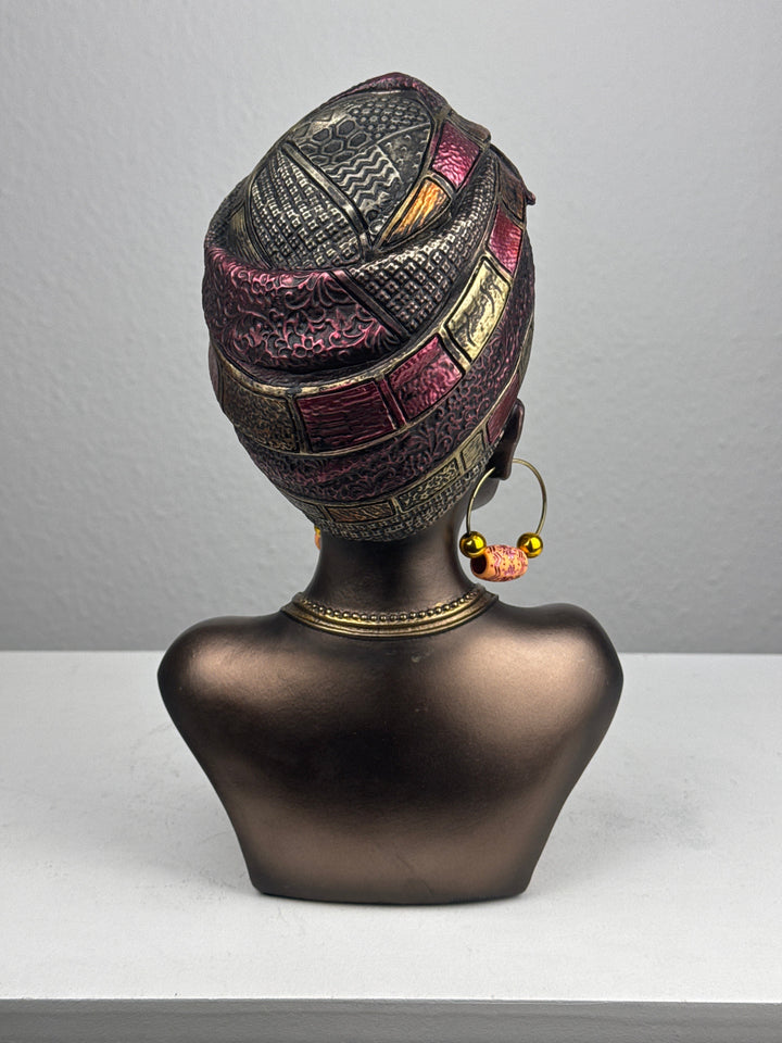 Busto de Reina Africana con Tocado y Joyas (Acabado en Bronce)