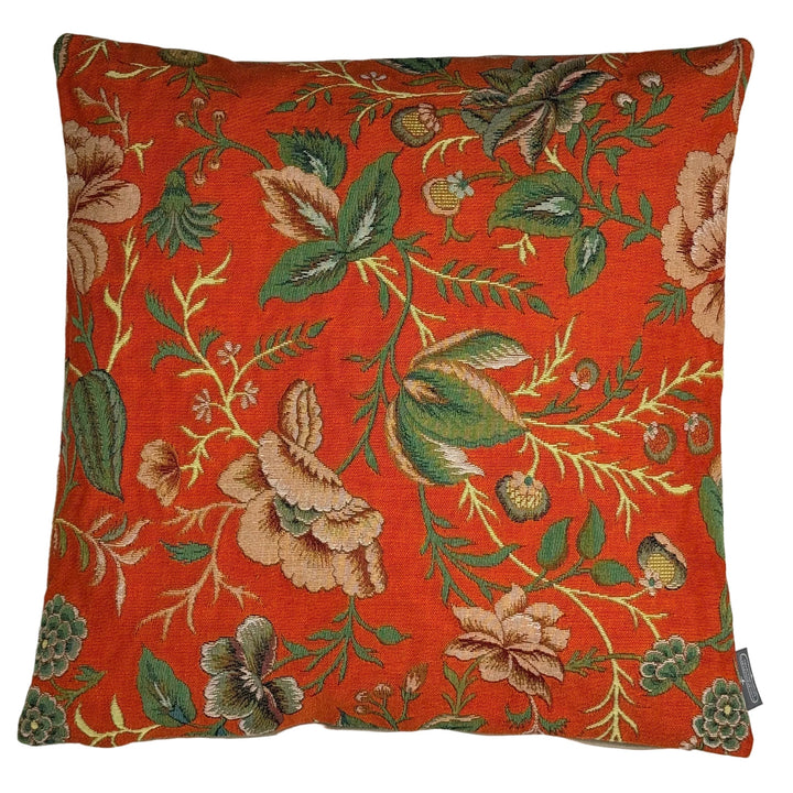 Cojín naranja – motivo de peonías, estilo Toile de Jouy (tejido jacquard)