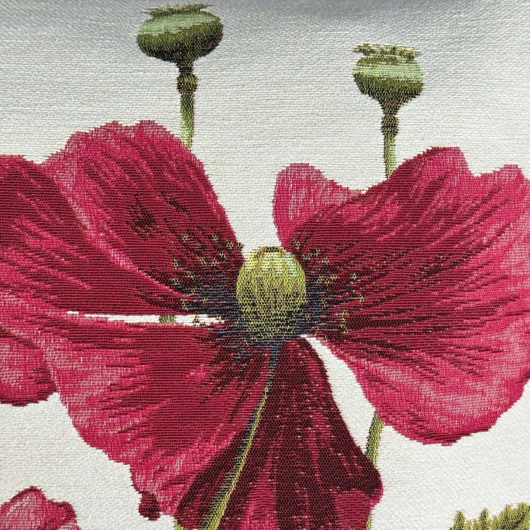 Cojín blanco – amapolas rojas (tejido jacquard)