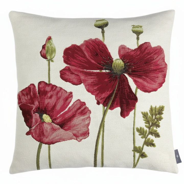 Cojín blanco – amapolas rojas (tejido jacquard)