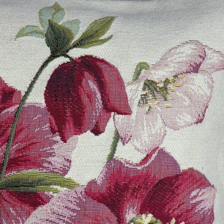Cojín blanco – rosa de Navidad roja (tejido jacquard)