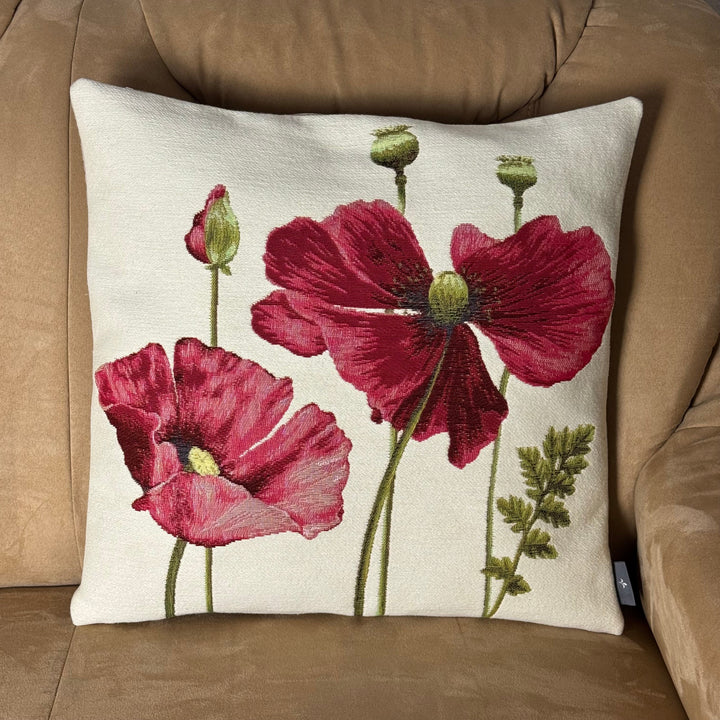 Cojín blanco – amapolas rojas (tejido jacquard)