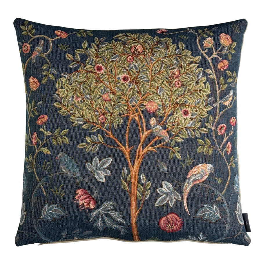 Cojín azul – árbol con pájaros (tejido jacquard)