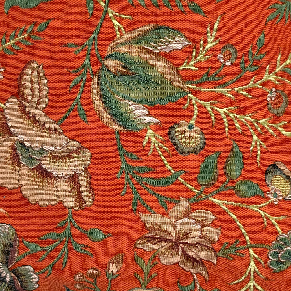 Cojín naranja – motivo de peonías, estilo Toile de Jouy (tejido jacquard)