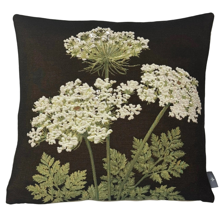Cojín negro – flores de umbela decorativas (tejido jacquard)