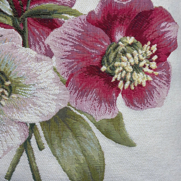 Cojín blanco – rosa de Navidad roja (tejido jacquard)