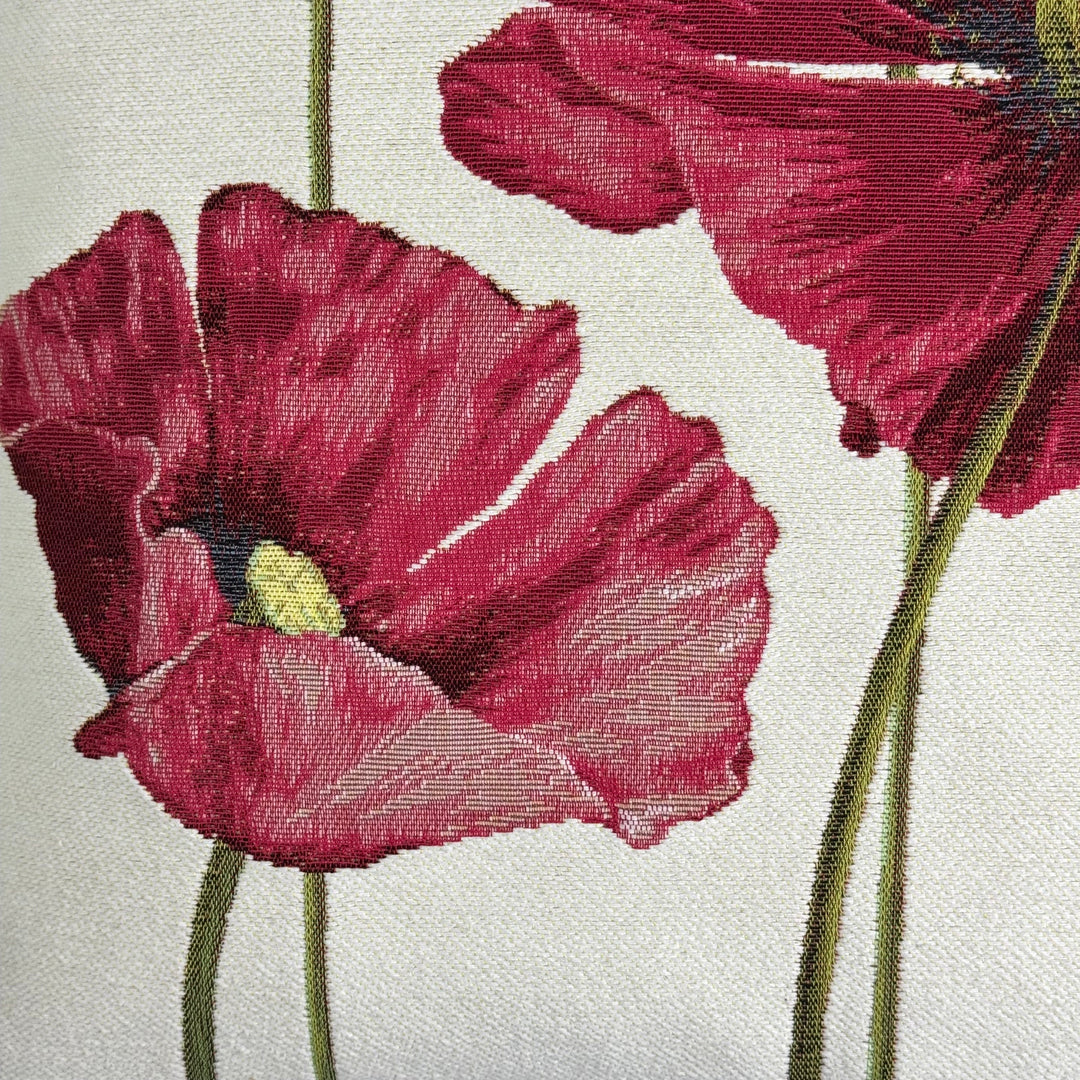 Cojín blanco – amapolas rojas (tejido jacquard)