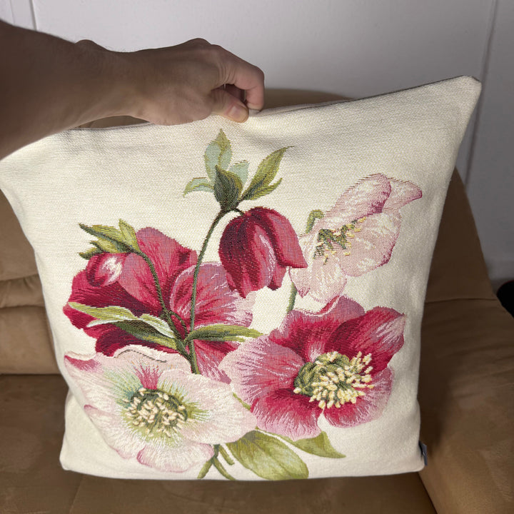 Cojín blanco – rosa de Navidad roja (tejido jacquard)