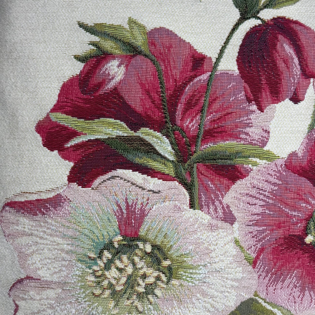 Cojín blanco – rosa de Navidad roja (tejido jacquard)