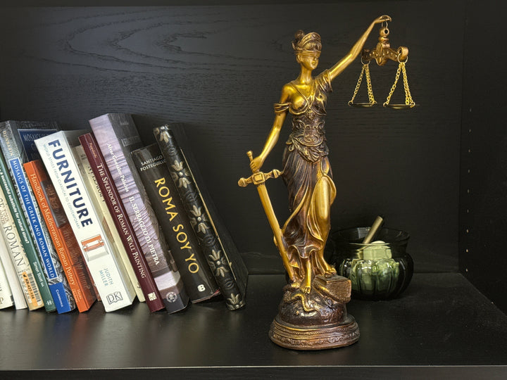 Escultura de la Dama Justicia – Símbolo de Ley y Equidad (Acabado Latón Oscuro)