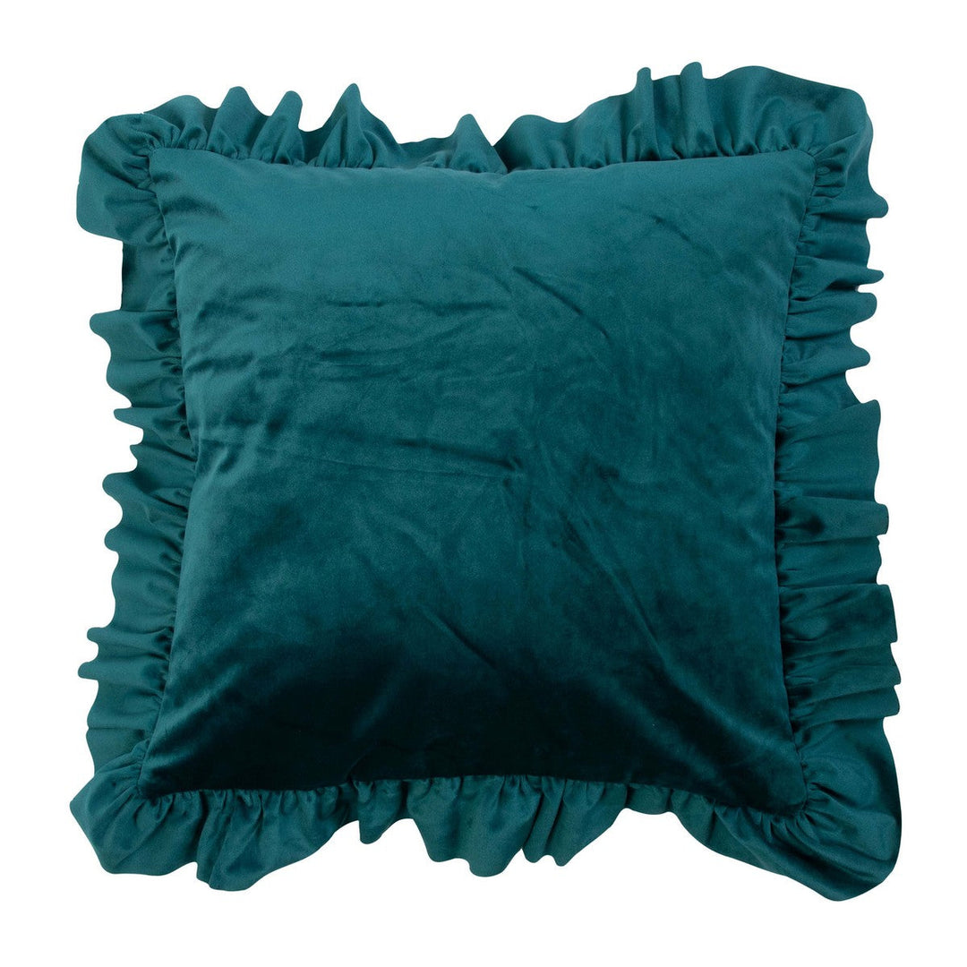 Cojín de Terciopelo Verde Petróleo con Volantes Elegantes