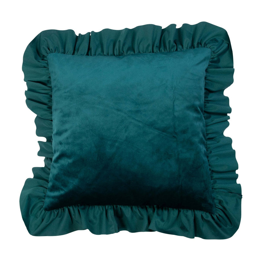 Cojín de Terciopelo Verde Petróleo con Volantes Elegantes